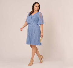 Plus Size Hand Beaded Illusion Faux Wrap Short Cocktail Dress In French Blue