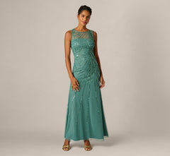 Floral Beaded Illusion Mermaid Gown In Green Slate