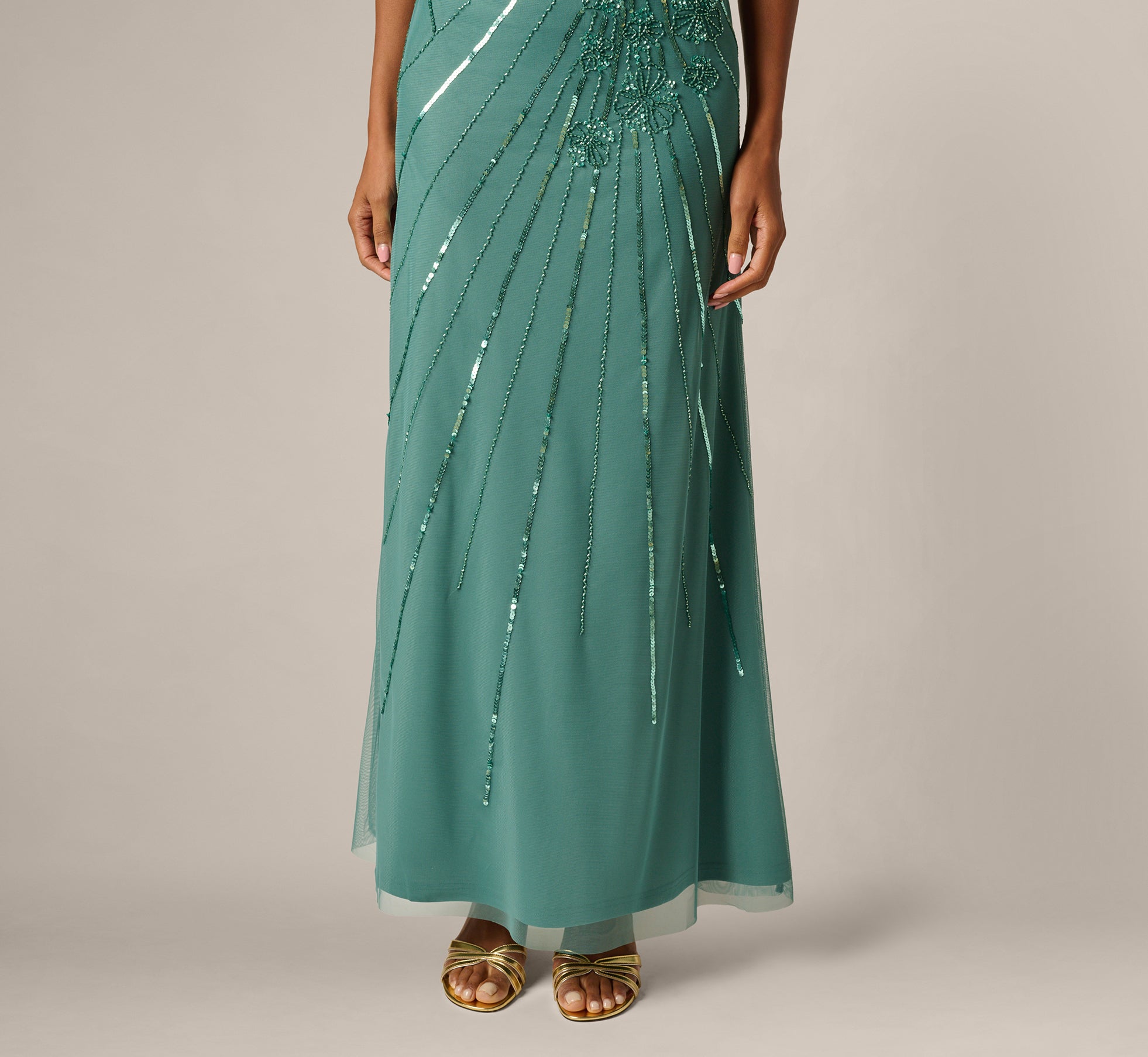 Floral Beaded Illusion Mermaid Gown In Green Slate