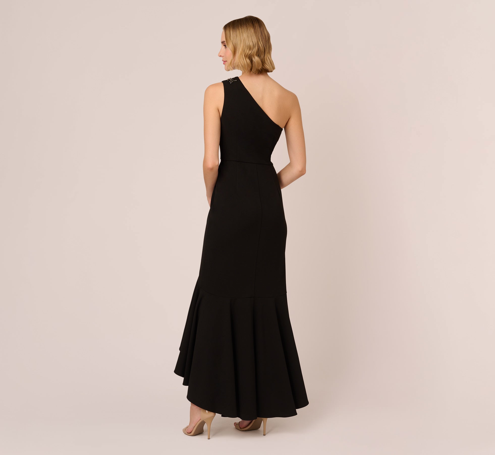 One Shoulder Ruffled Crepe Gown With Beaded Accent In Black