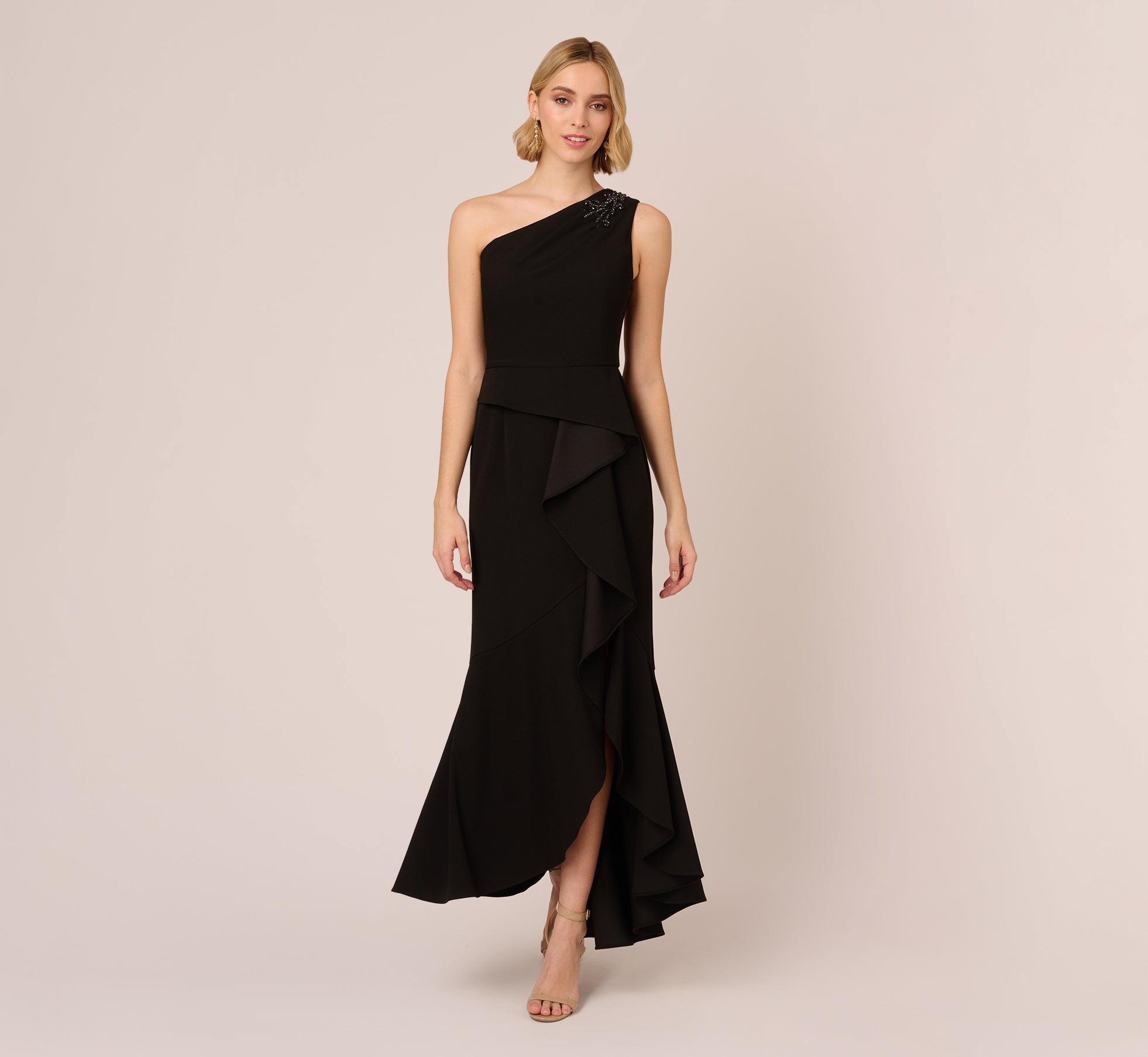 One Shoulder Ruffled Crepe Gown With Beaded Accent In Black