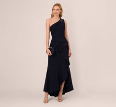 One Shoulder Ruffled Crepe Gown With Beaded Accent In Midnight