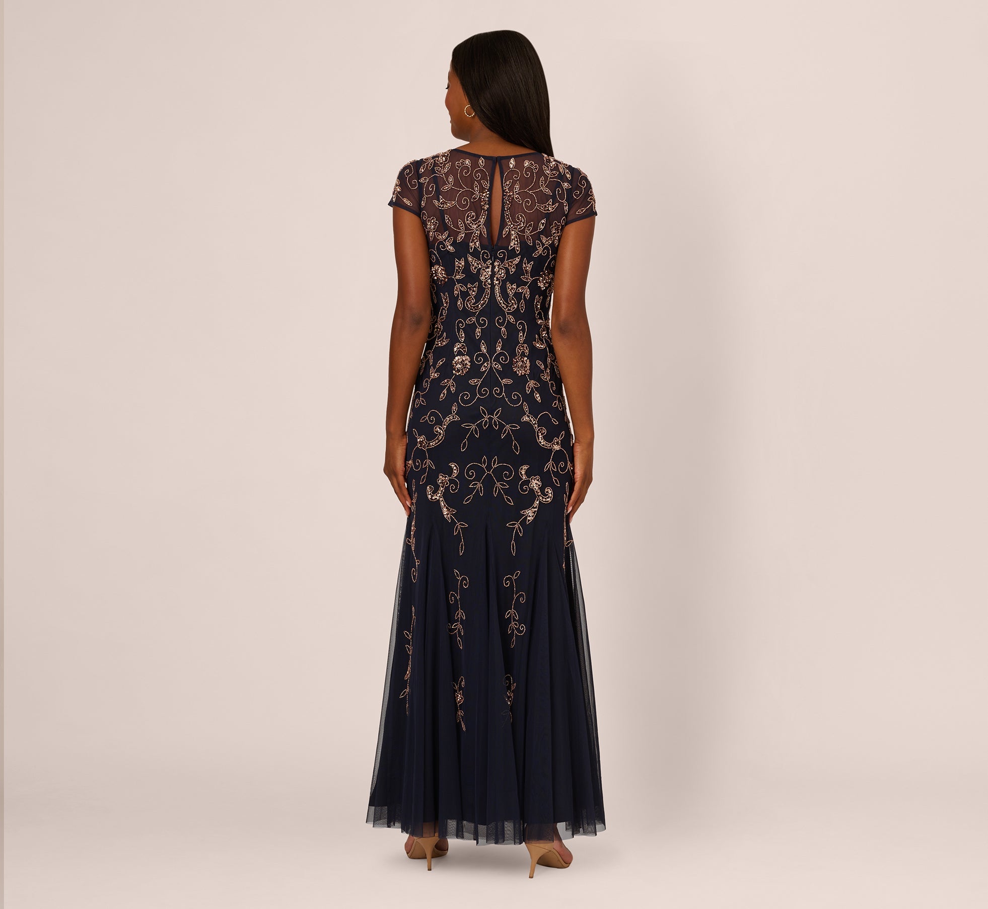 Floral Beaded Godet Gown With Sheer Neck And Short Sleeves In Navy Rosegold