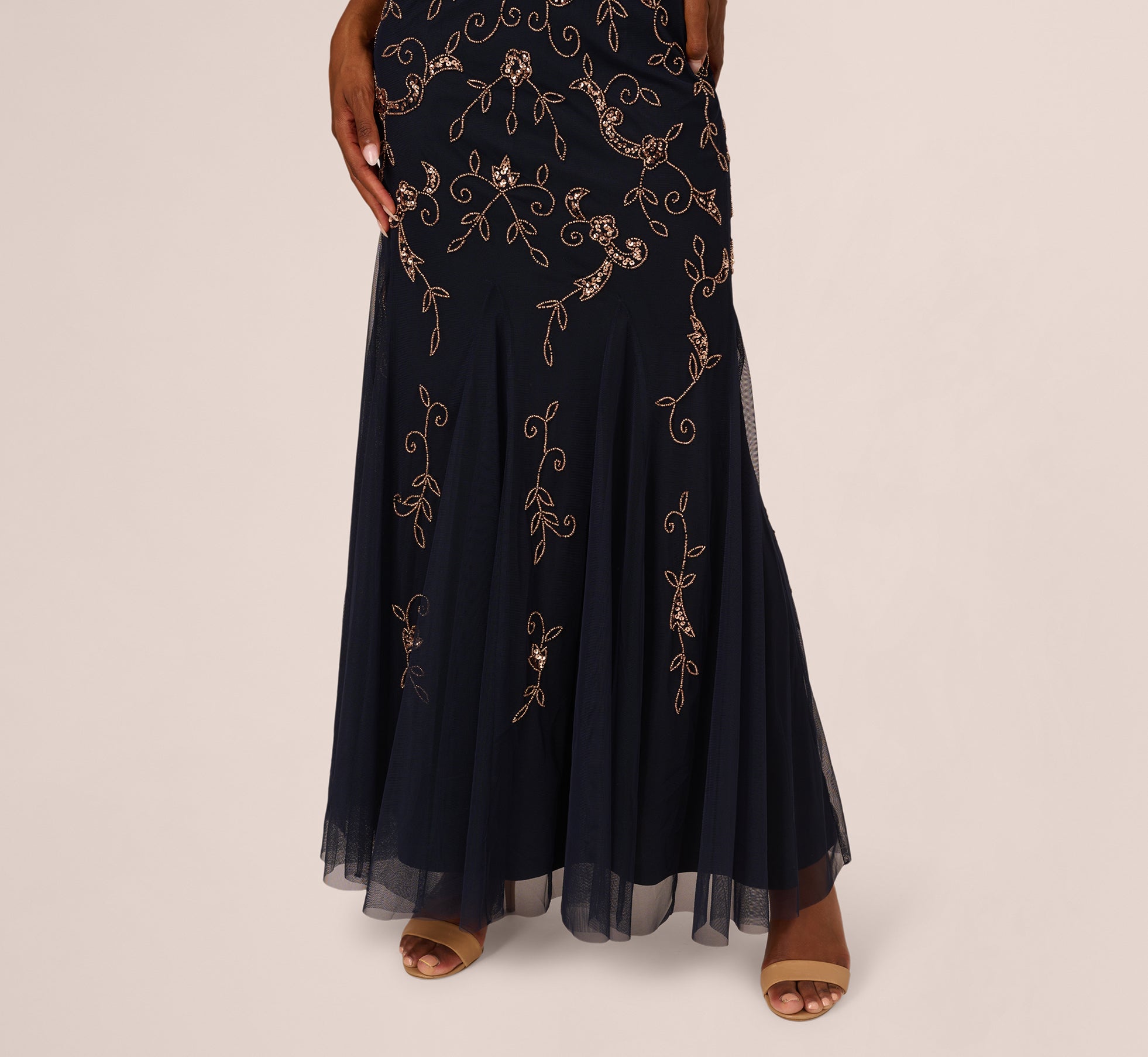 Floral Beaded Godet Gown With Sheer Neck And Short Sleeves In Navy Rosegold