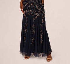 Floral Beaded Godet Gown With Sheer Neck And Short Sleeves In Navy Rosegold
