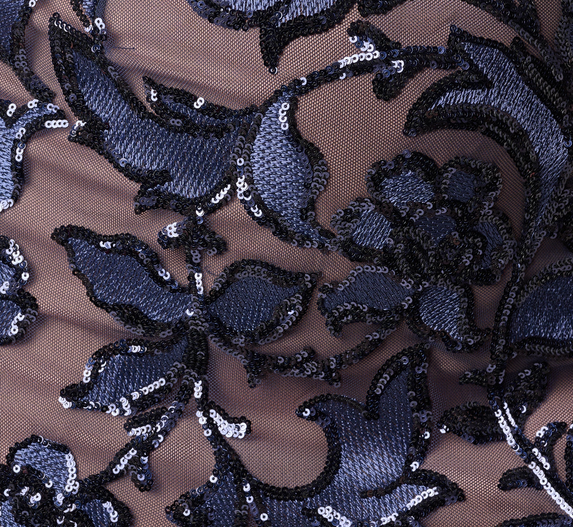 Plus Size Short Sleeve Floral Sequin Stretch Mesh Gown In Navy Rosegold