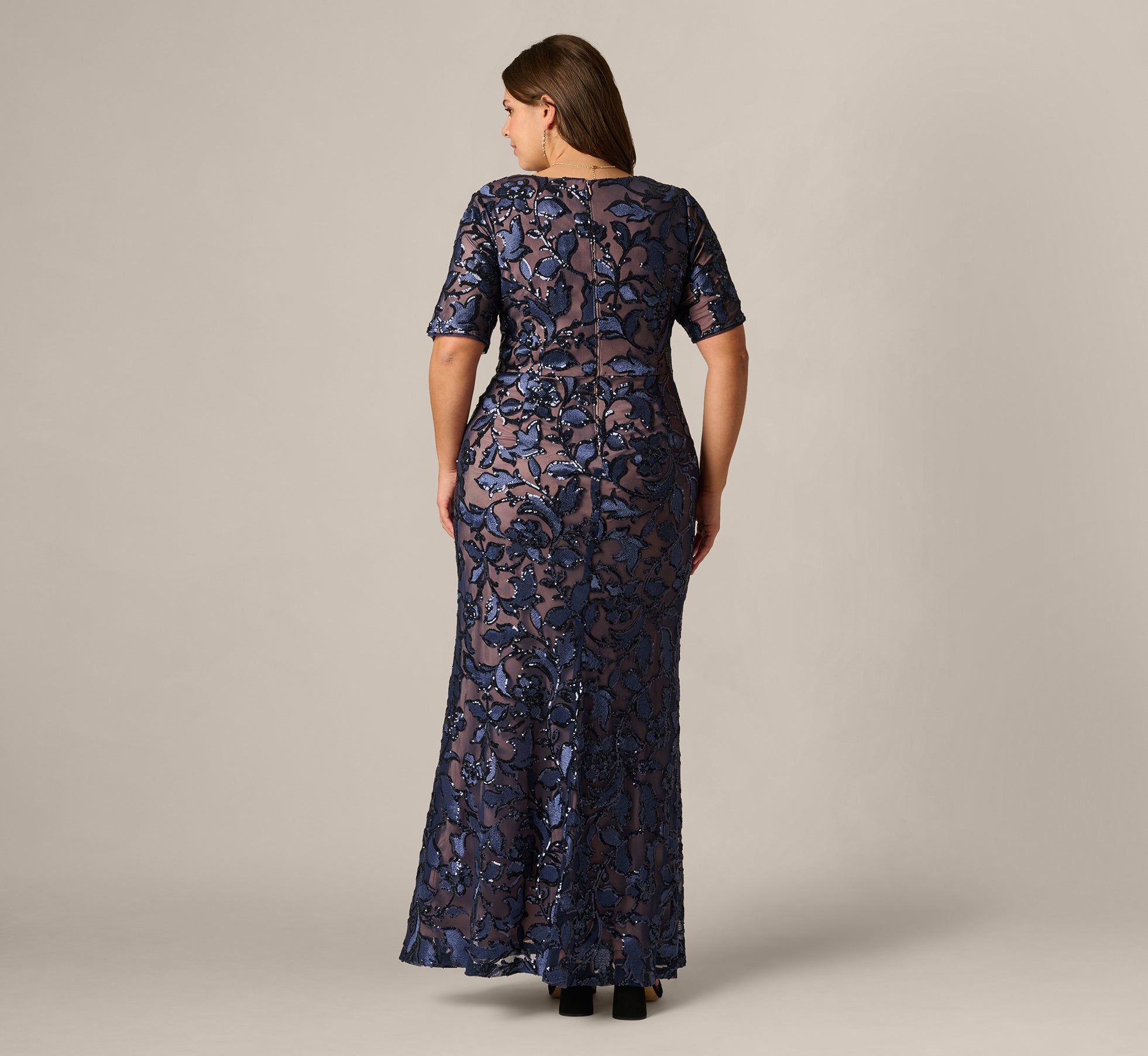 Plus Size Short Sleeve Floral Sequin Stretch Mesh Gown In Navy Rosegold