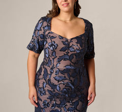 Plus Size Short Sleeve Floral Sequin Stretch Mesh Gown In Navy Rosegold