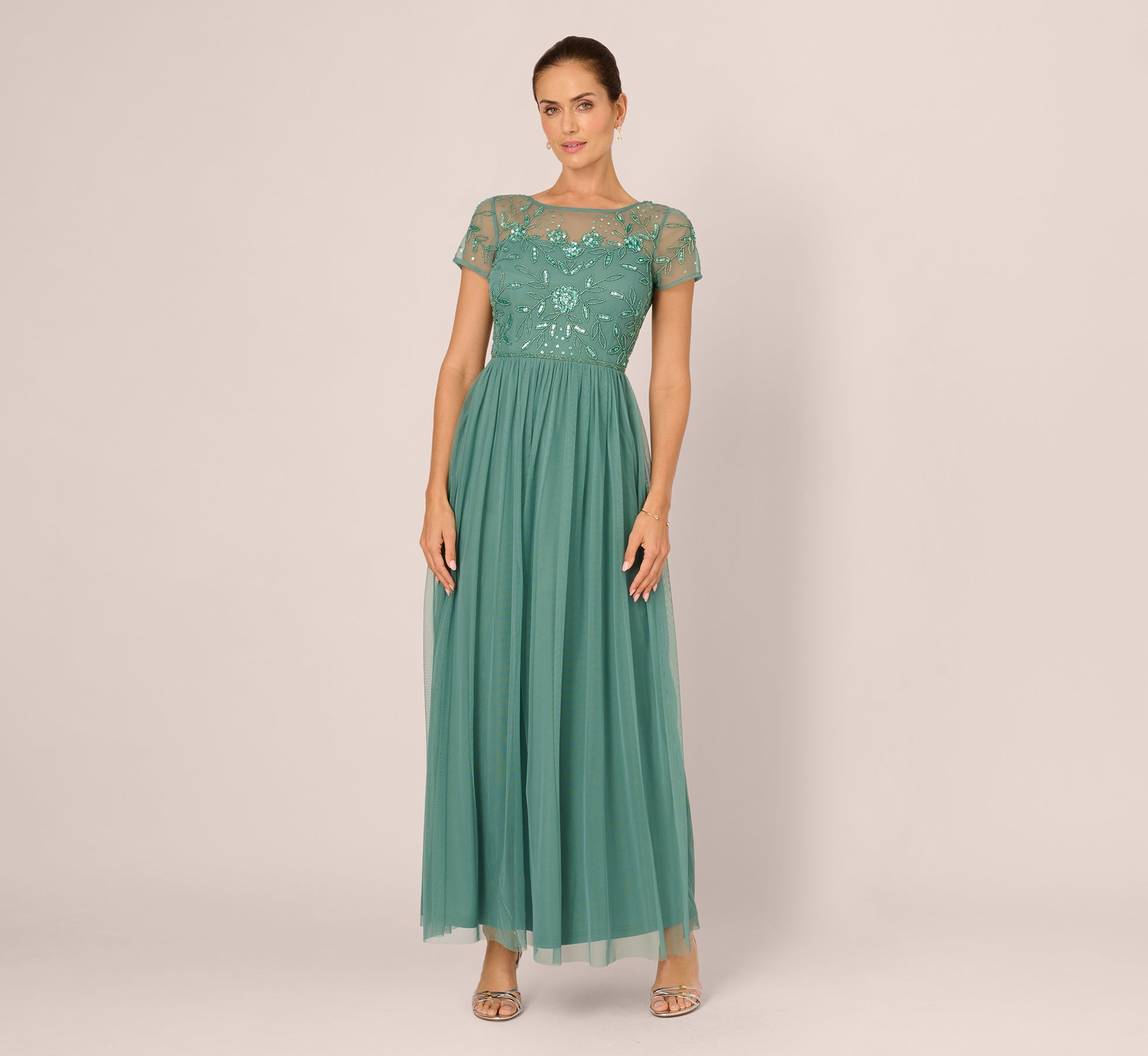 Short Sleeve A Line Beaded Illusion Dress In Green Slate