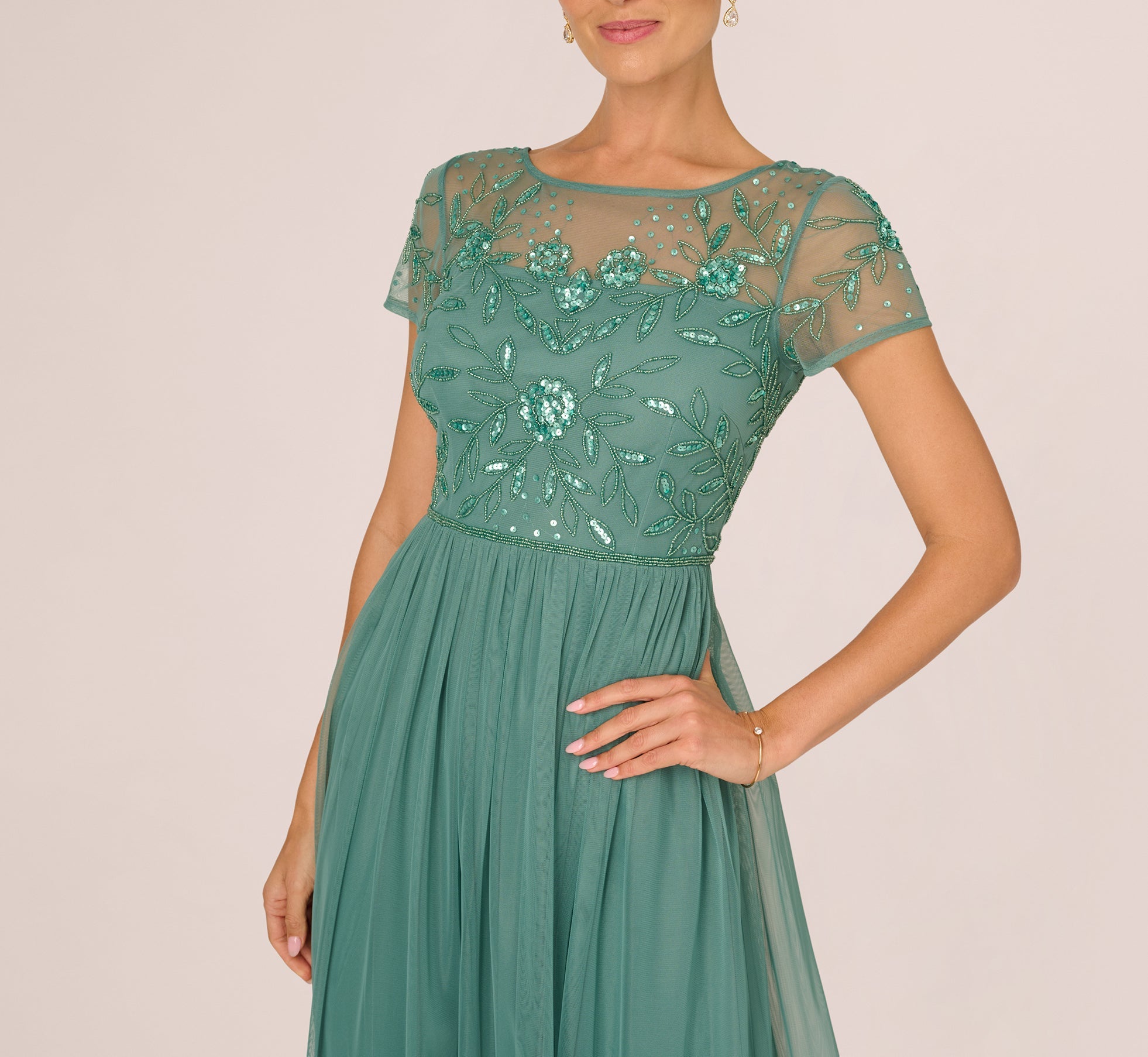 Short Sleeve A Line Beaded Illusion Dress In Green Slate