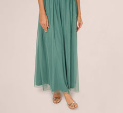 Short Sleeve A Line Beaded Illusion Dress In Green Slate