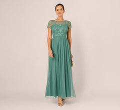 Short Sleeve A Line Beaded Illusion Dress In Green Slate