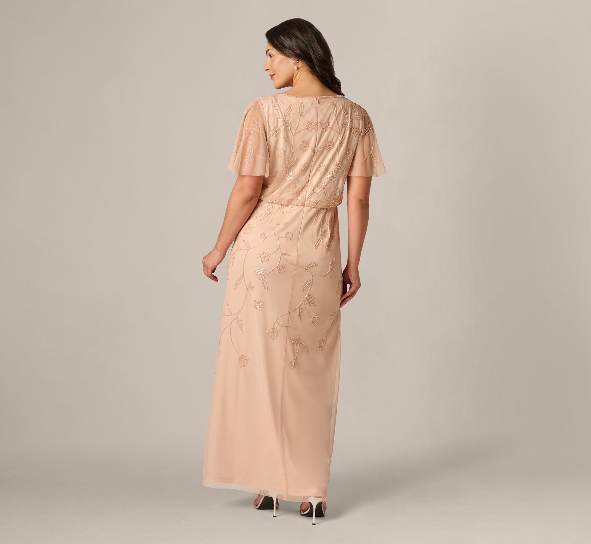 Plus Size Flutter Sleeve Blouson Beaded Gown In Blush