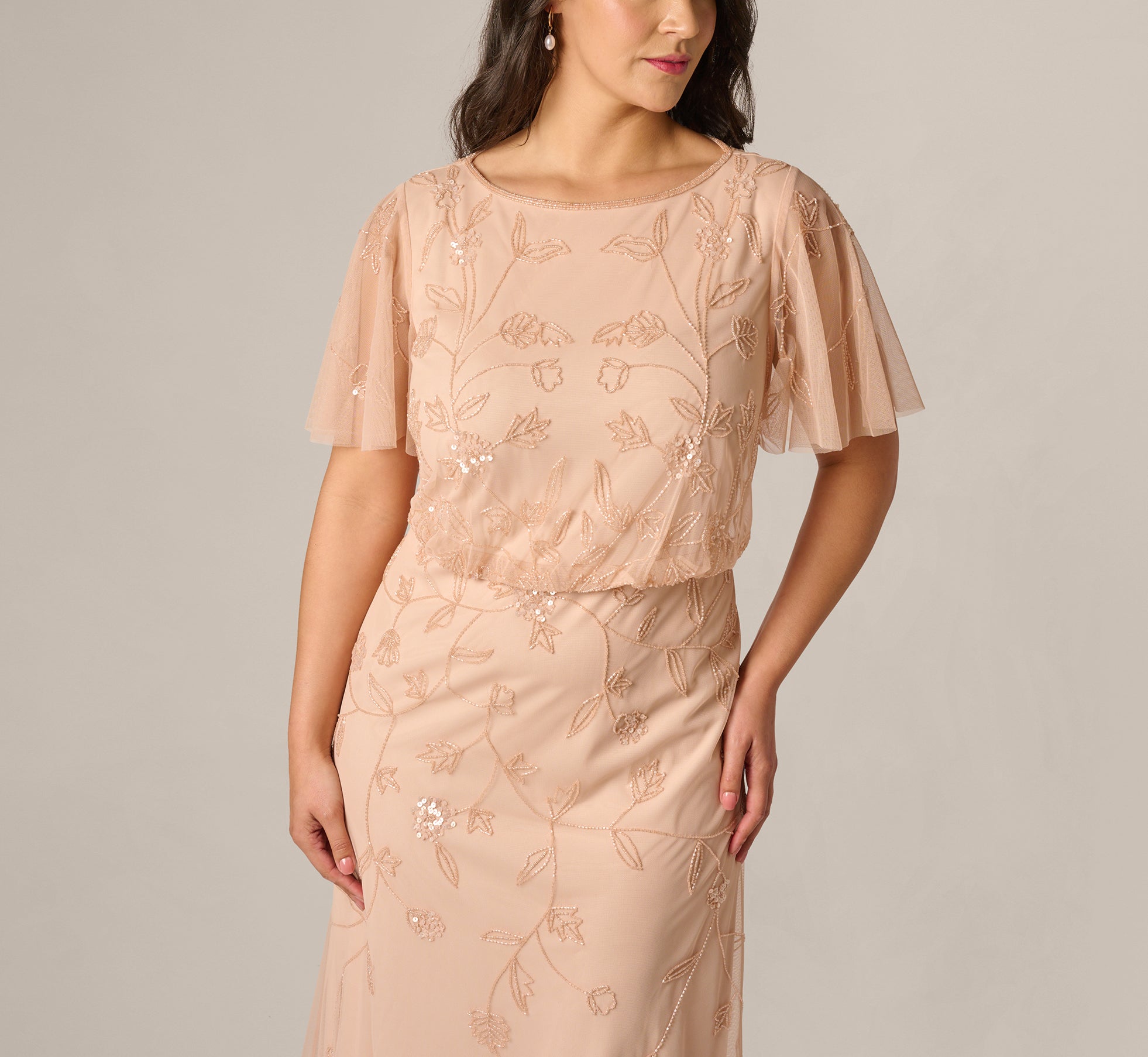 Plus Size Flutter Sleeve Blouson Beaded Gown In Blush