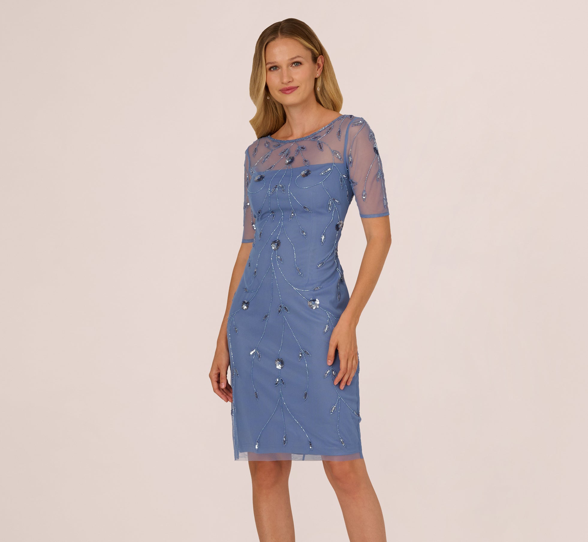 Short Sleeve Illusion Floral Beaded Sheath Dress In French Blue