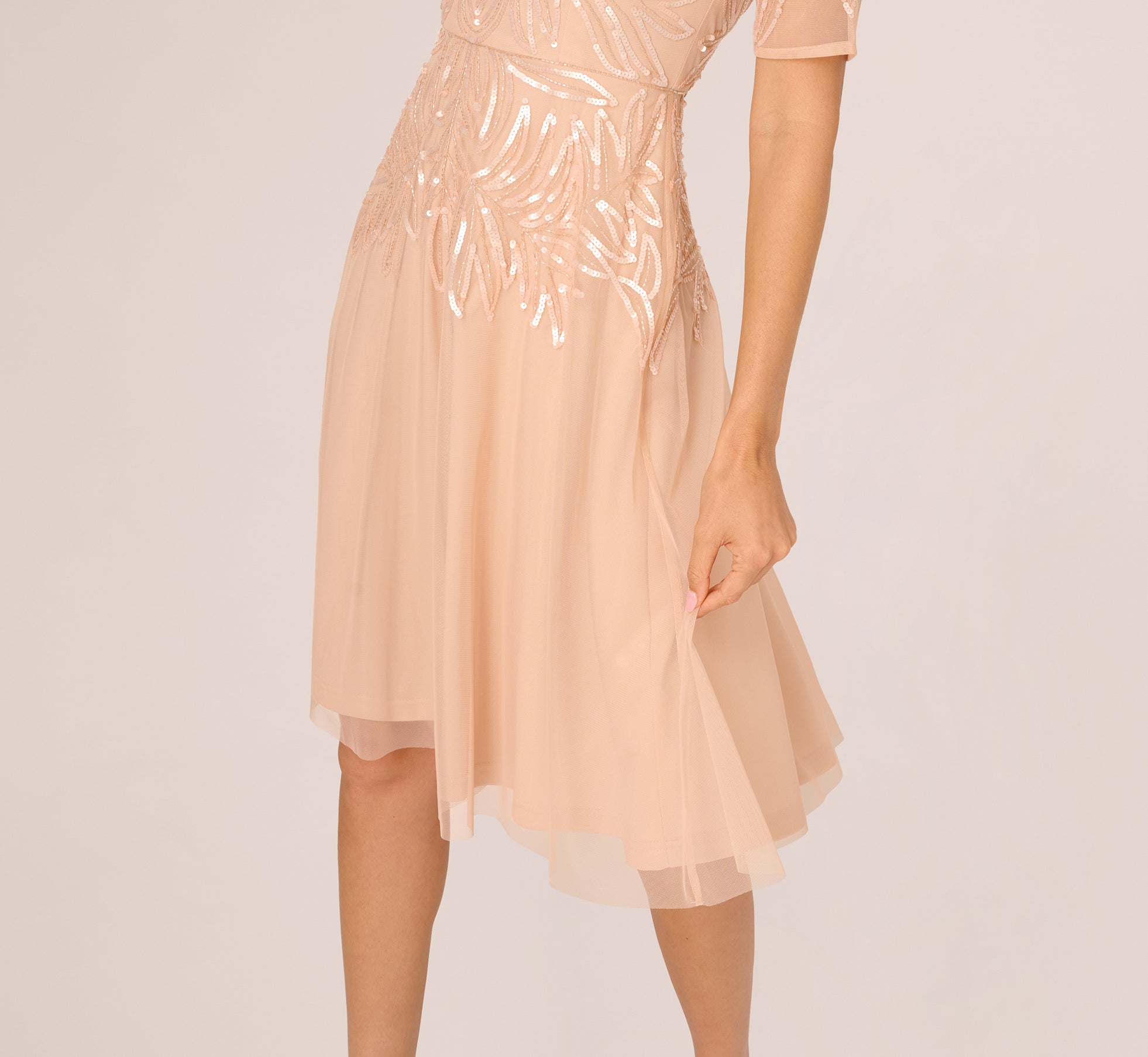Short Sleeve Sequin Bead Midi Dress In Blush