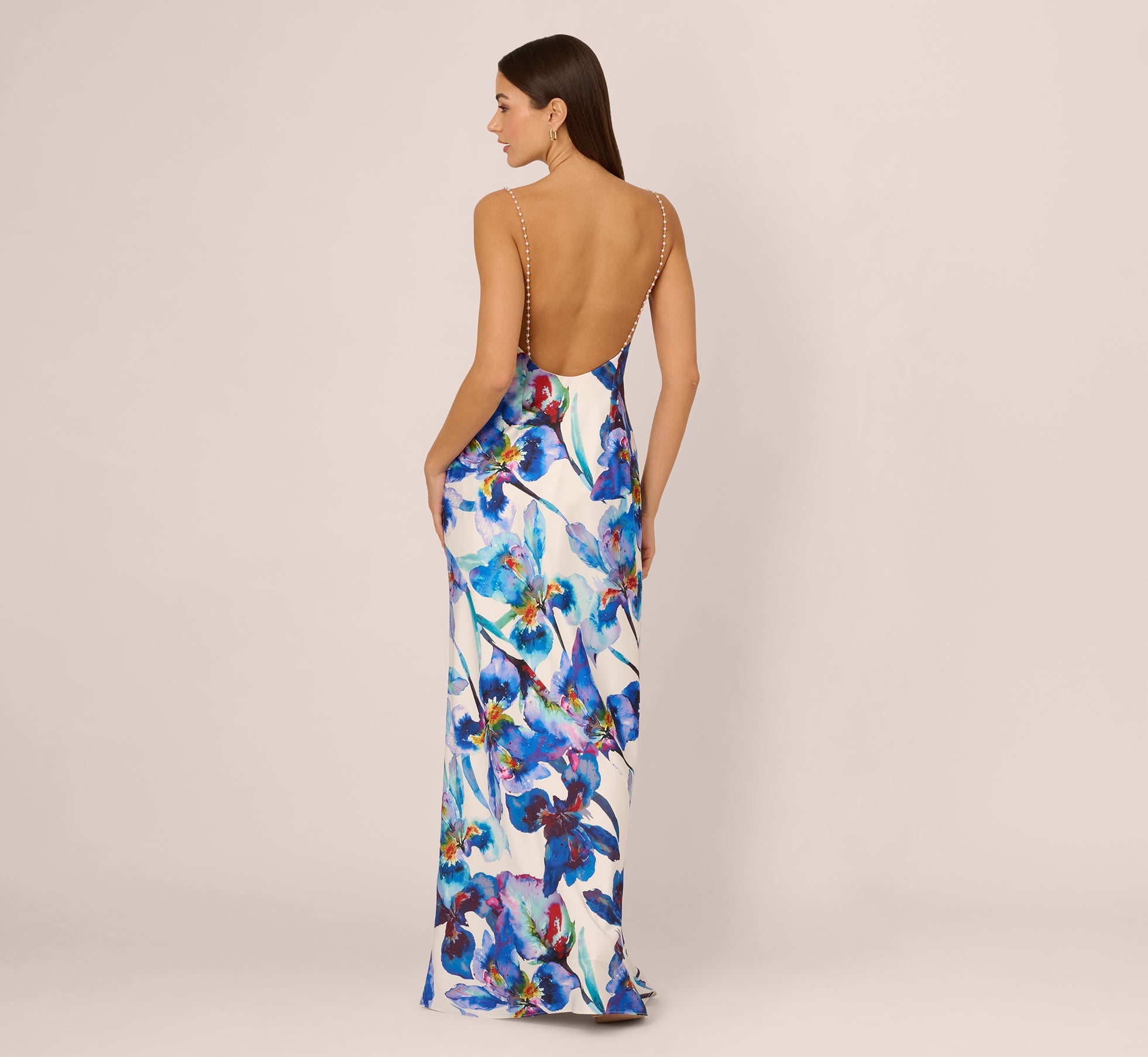 Embellished Strap Floral Satin Slip Dress In Blue Ivory Multi