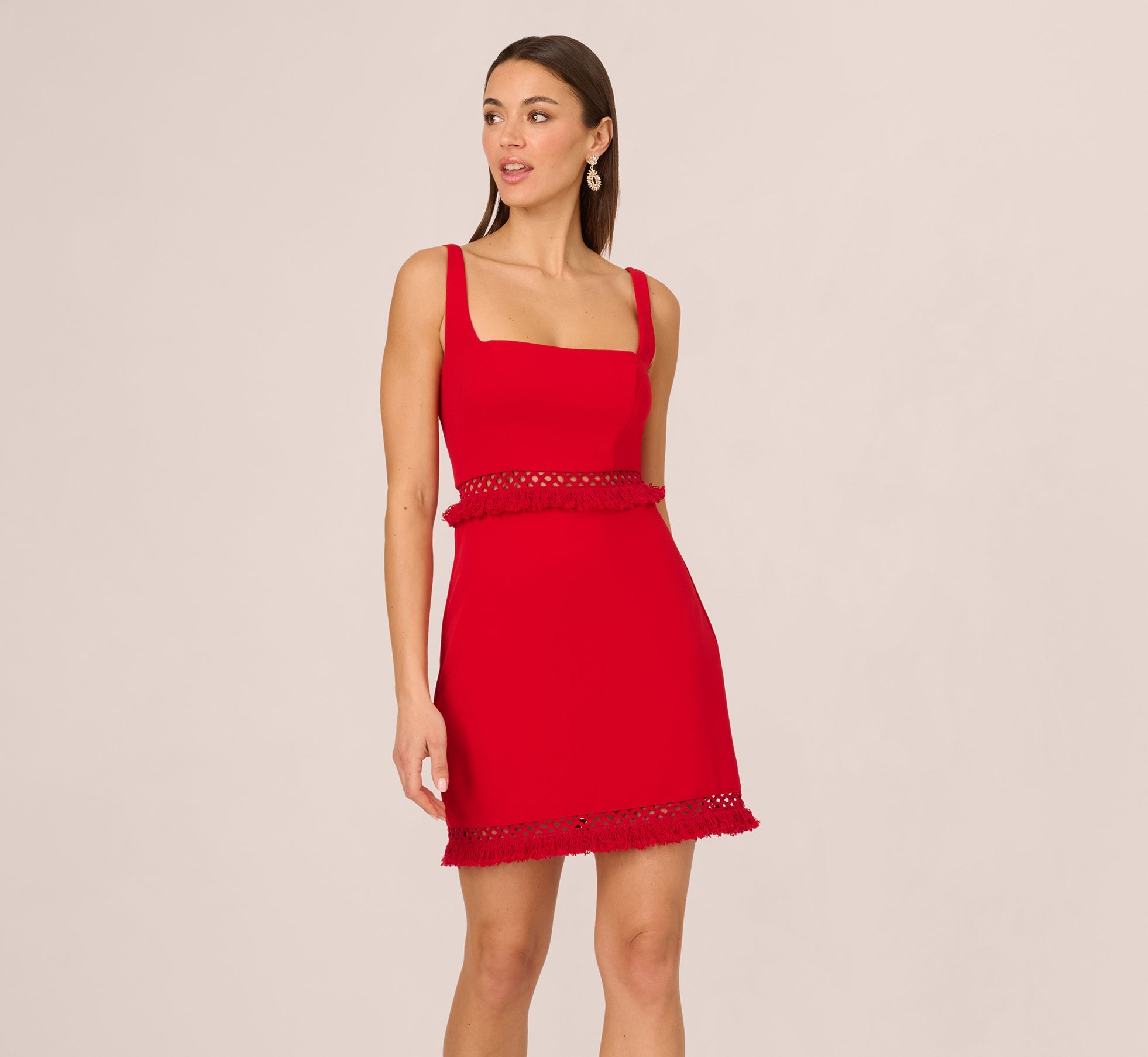 Sleeveless Cutout Fringe Trim Mini Dress In Hot Pepper
