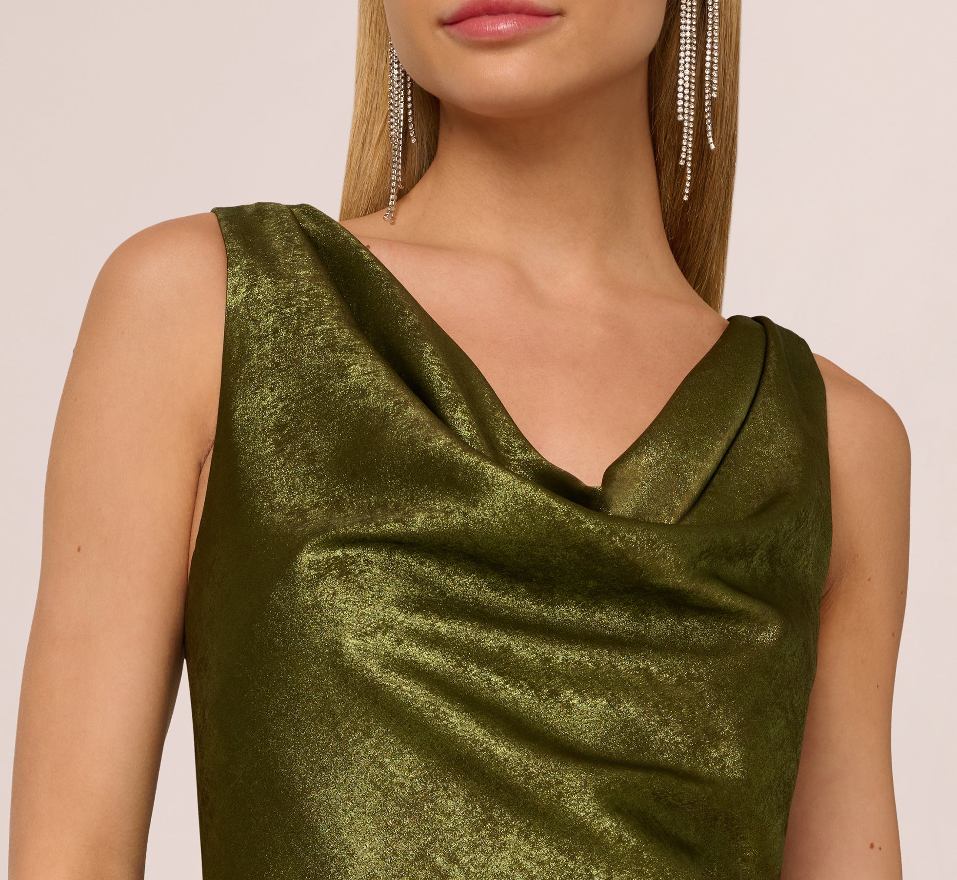 Sleeveless Bias Cut Foil Cowl Gown In Dark Olive