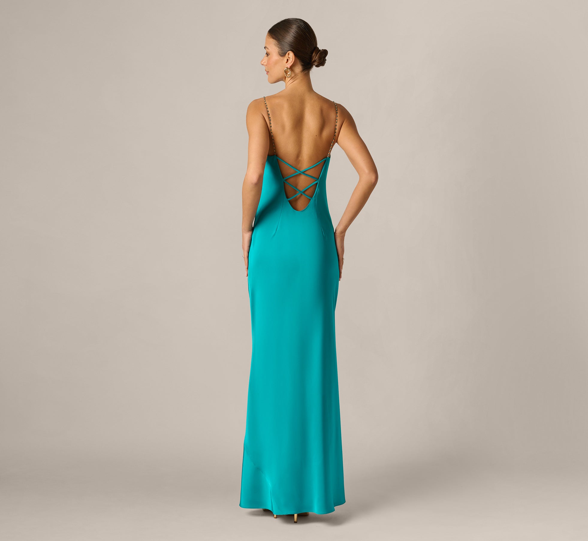 Stretch Satin Cross Back Cowl Neck Gown In Turquoise