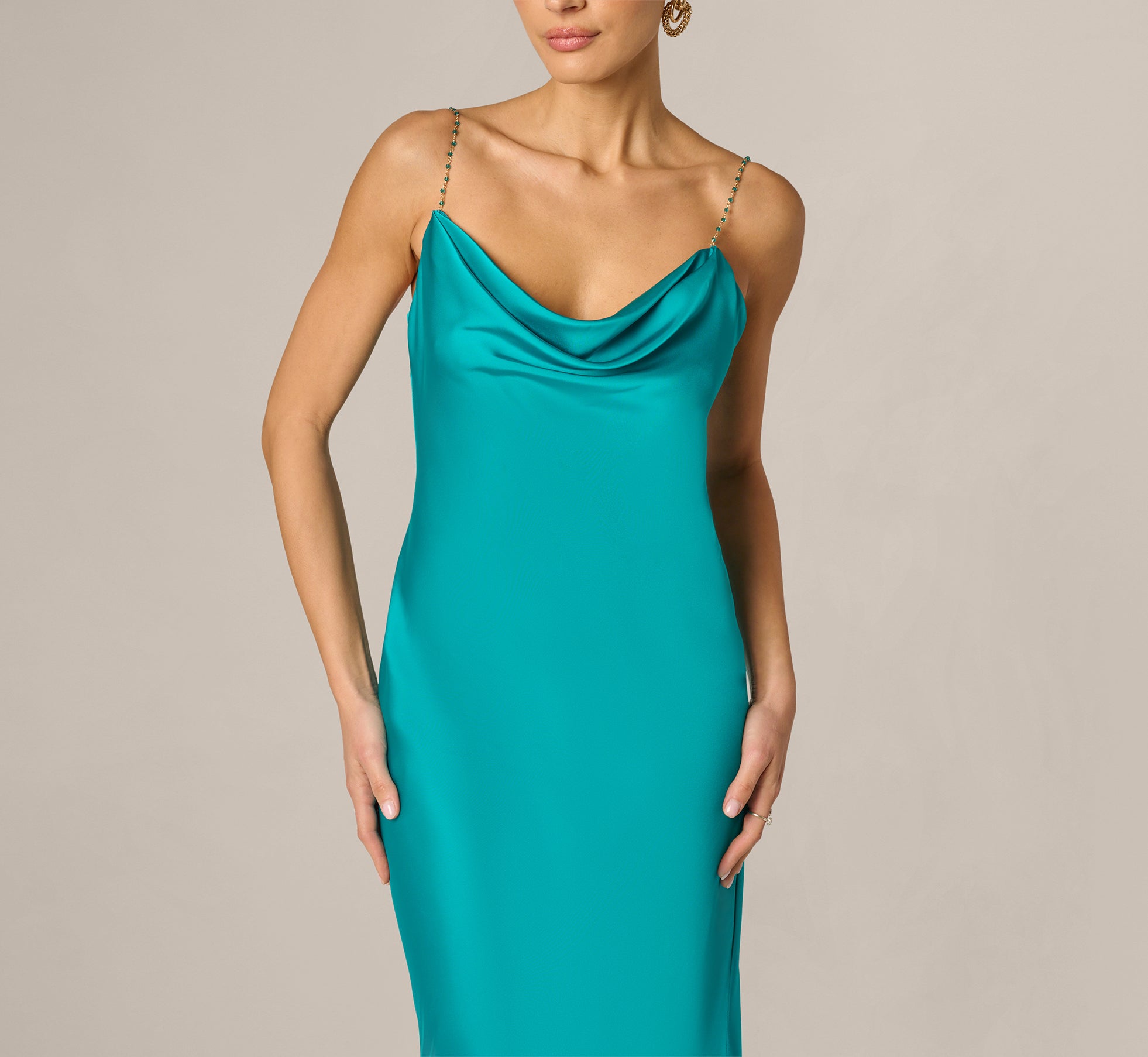 Stretch Satin Cross Back Cowl Neck Gown In Turquoise