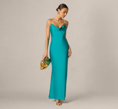 Stretch Satin Cross Back Cowl Neck Gown In Turquoise