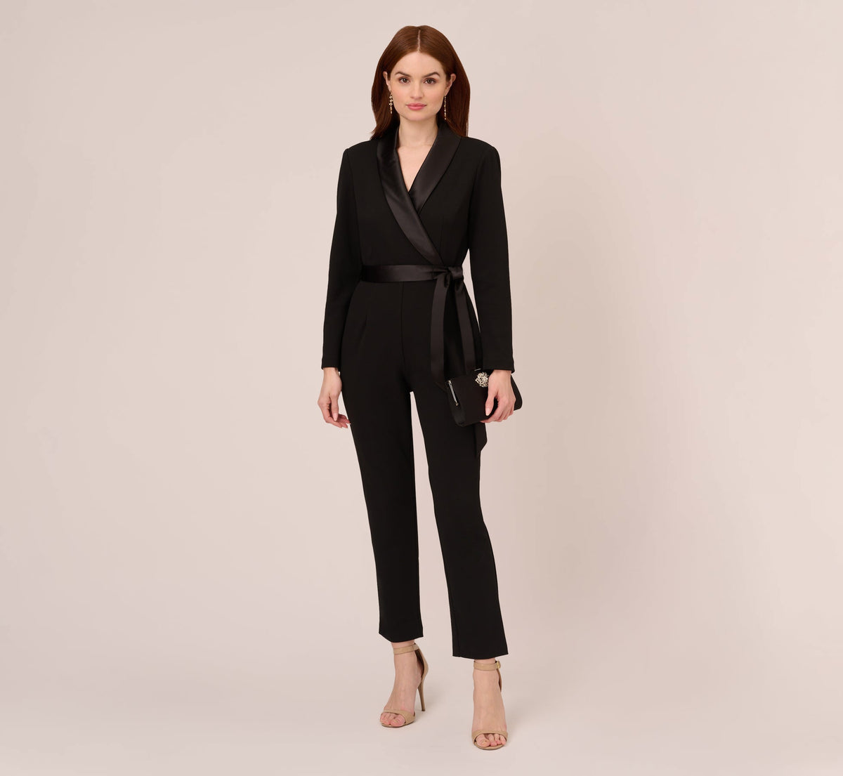 Long Sleeve Crepe Jumpsuit With Tuxedo Collar In Black