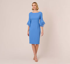 Knit Crepe Sheath Dress With Tiered Three Quarter Sleeves In Cool Water