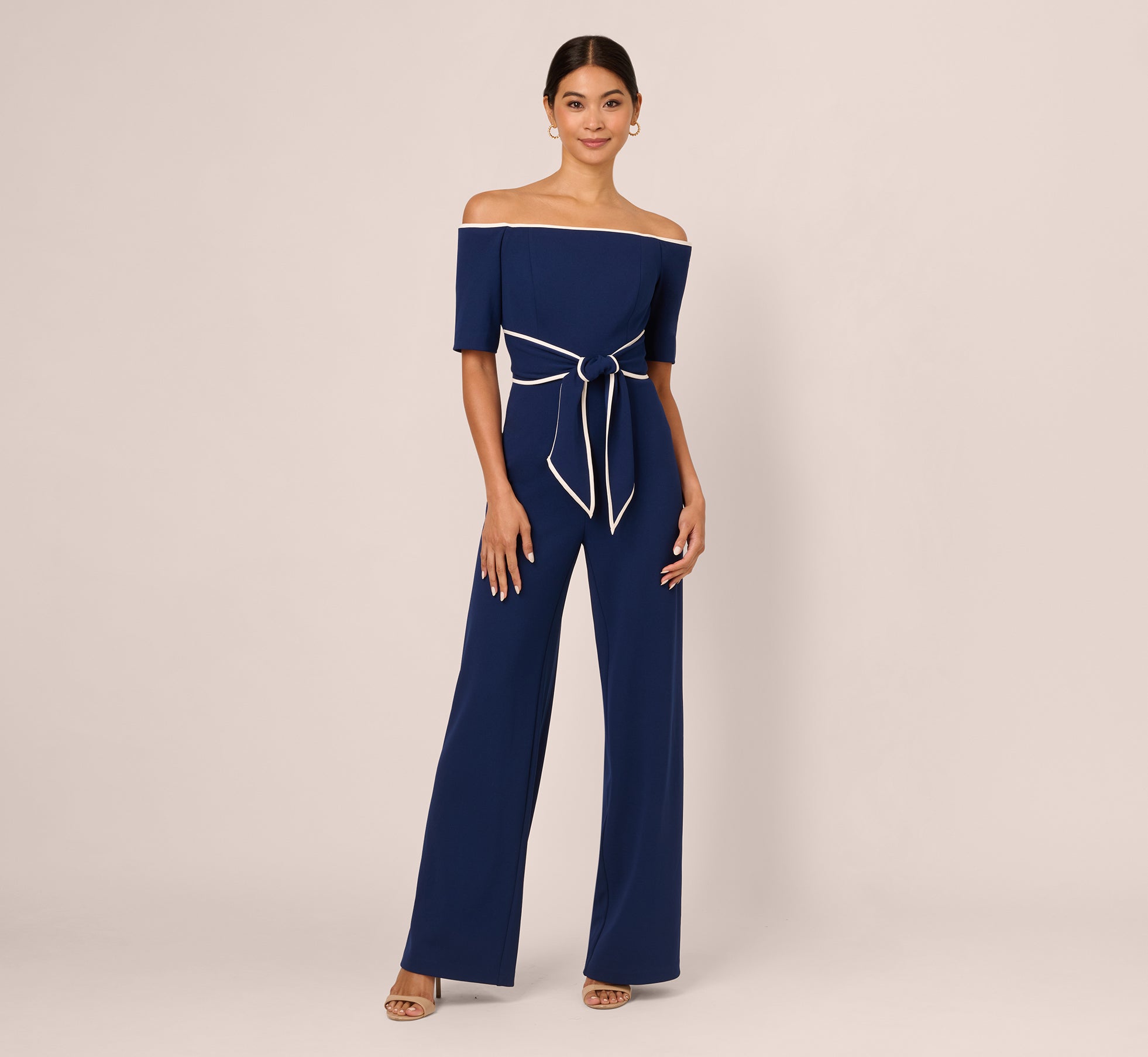 Knit Crepe Off-The-Shoulder Jumpsuit In Navy Sateen Ivory