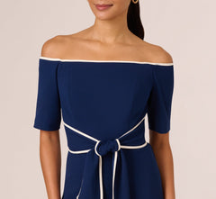 Knit Crepe Off-The-Shoulder Jumpsuit In Navy Sateen Ivory