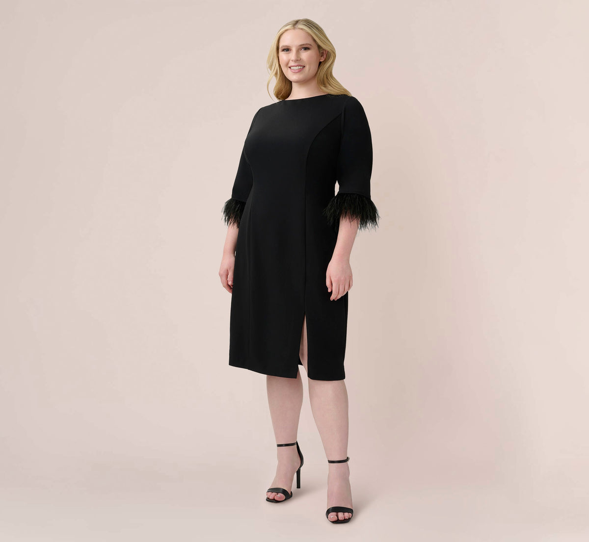 Plus Size Crepe Sheath Dress With V-Back And Feather-Trim Sleeves In Black