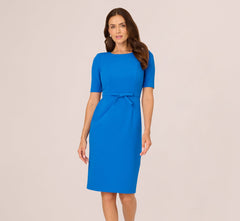 Short Sleeve Bow Waist Sheath Dress In Cool Cobalt