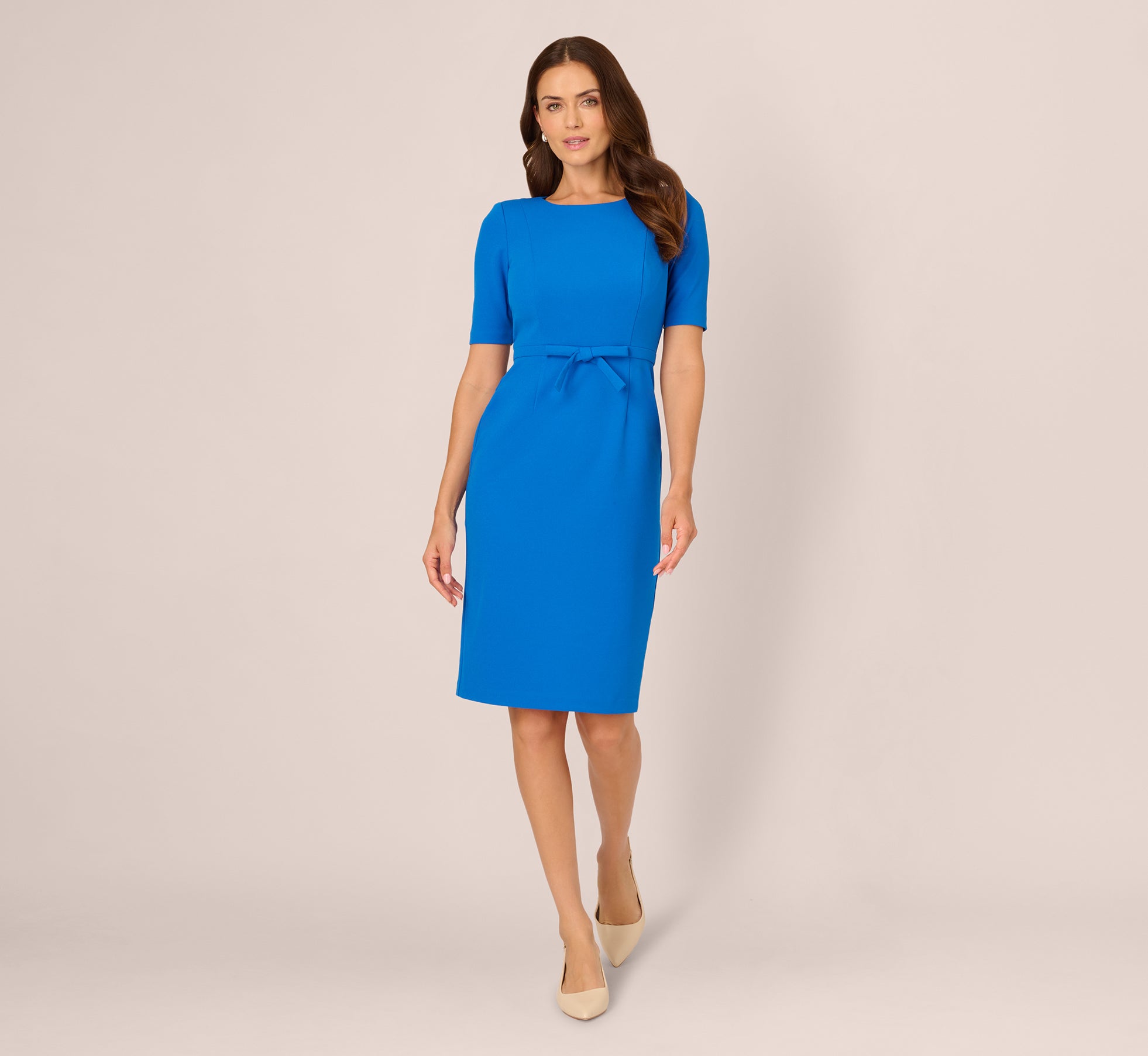 Short Sleeve Bow Waist Sheath Dress In Cool Cobalt