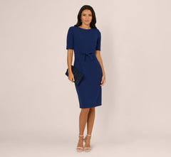 Short Sleeve Bow Waist Sheath Dress In Navy Sateen