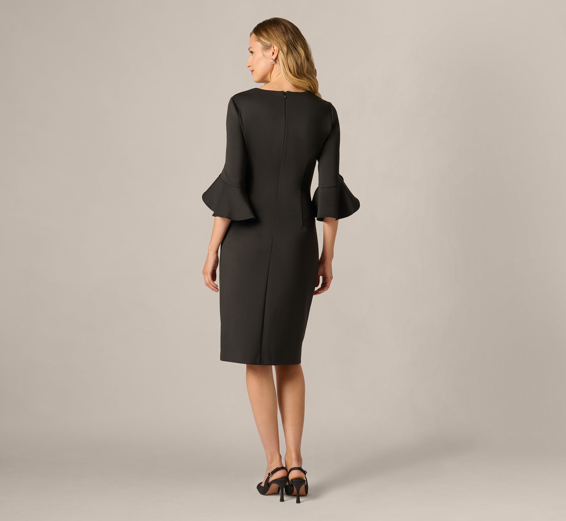 Three Quarter Sleeve Faux Wrap Midi Dress In Black