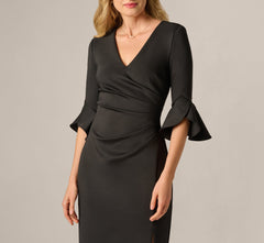 Three Quarter Sleeve Faux Wrap Midi Dress In Black