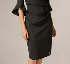 Three Quarter Sleeve Faux Wrap Midi Dress In Black
