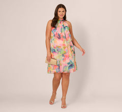 Plus Size Floral Ruffle Chiffon Halter Trapeze Dress In Pink Multi