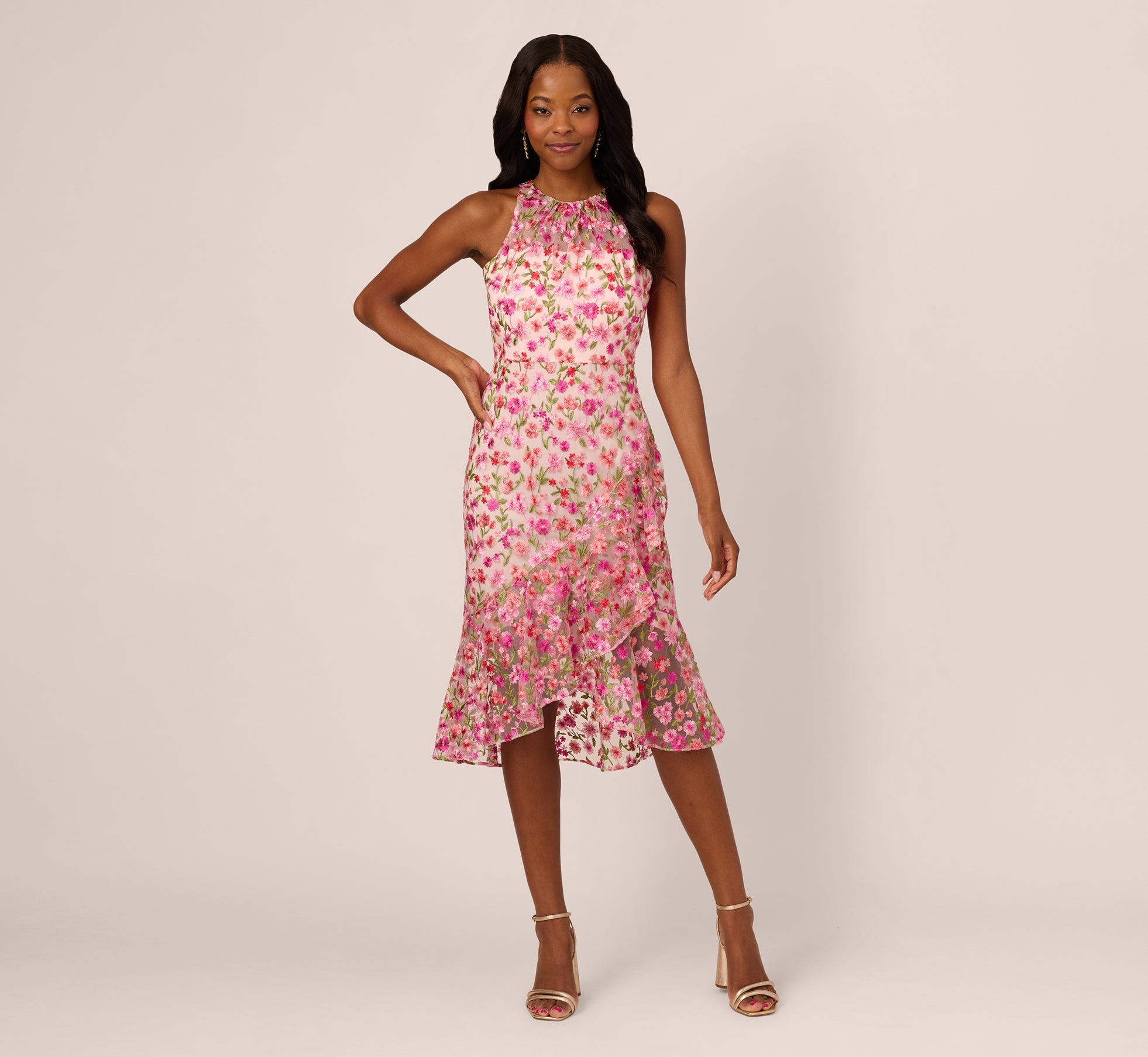 Floral Embroidered Flounce Halter Dress In Pink Multi