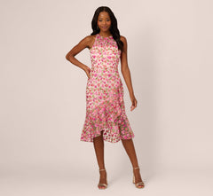 Floral Embroidered Flounce Halter Dress In Pink Multi