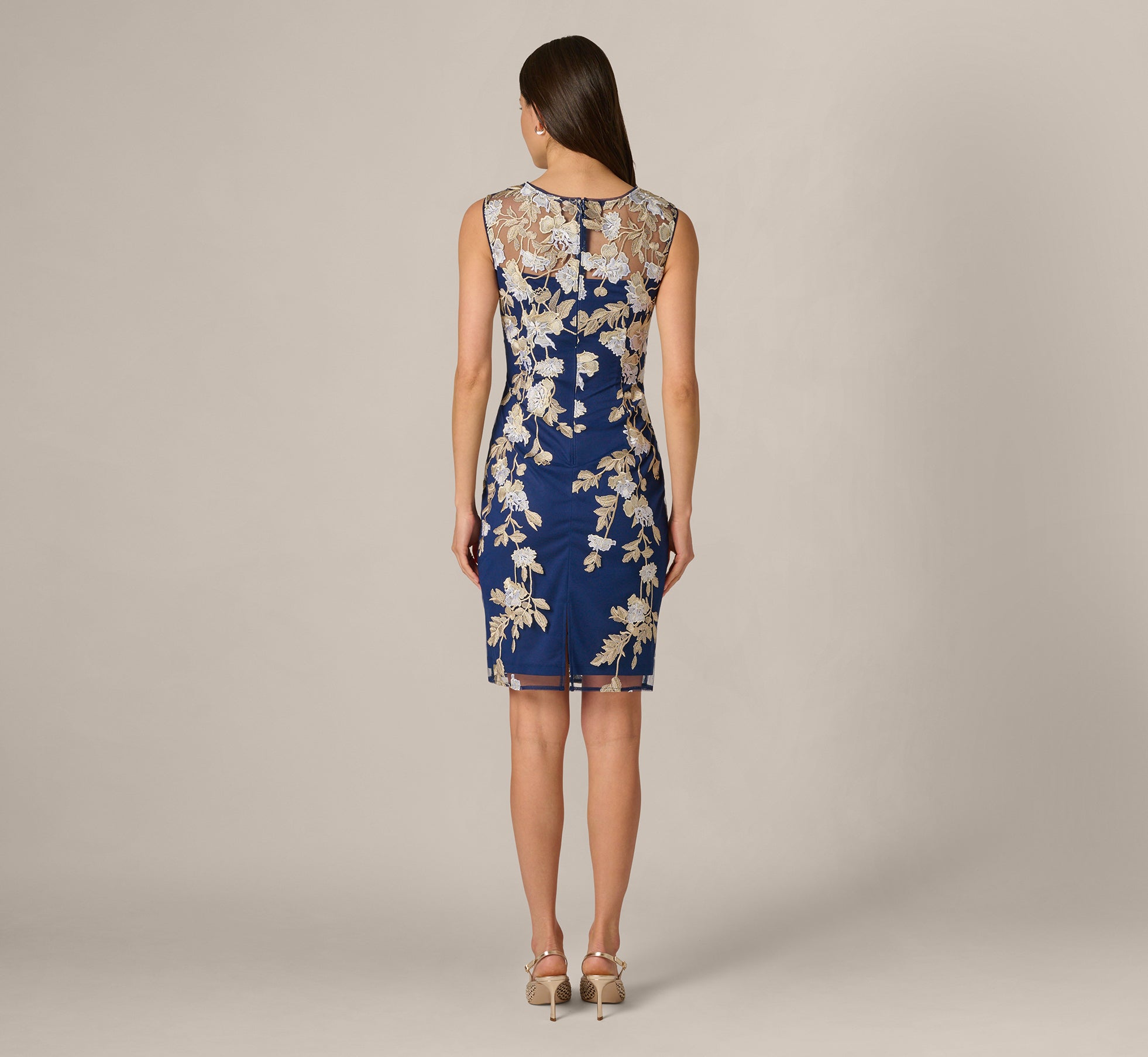 Sleeveless Illusion Floral Embroidery Sheath Dress In Navy Ecru