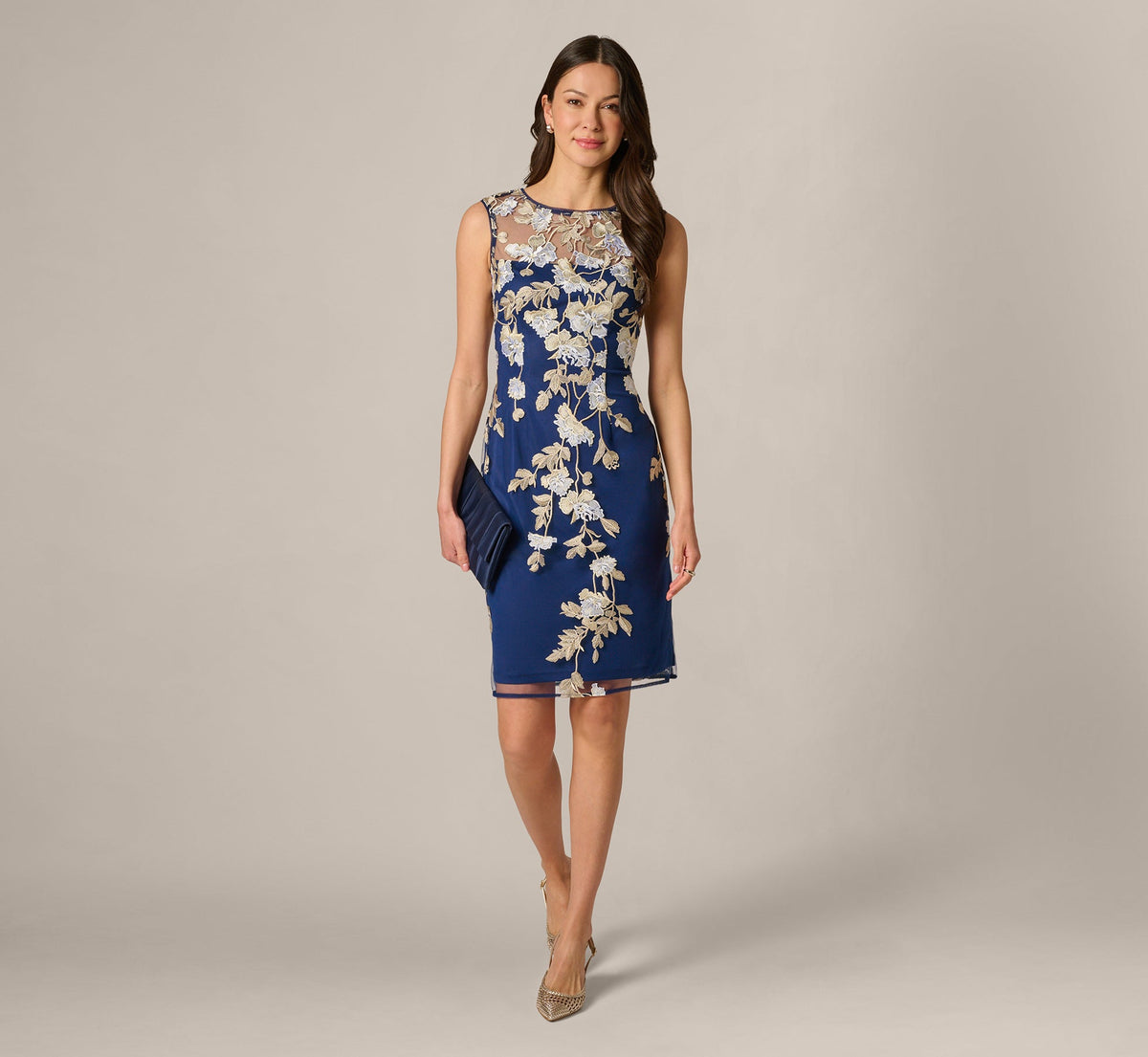 Sleeveless Illusion Floral Embroidery Sheath Dress In Navy Ecru