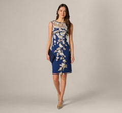 Sleeveless Illusion Floral Embroidery Sheath Dress In Navy Ecru
