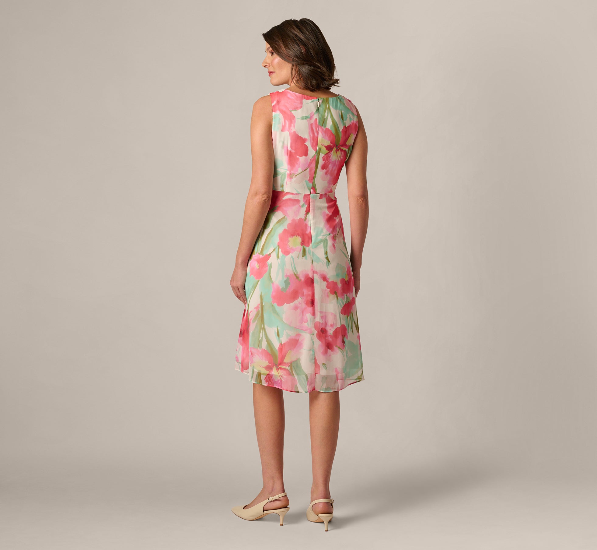 Sleeveless Draped Floral Chiffon Midi Sheath Dress In Coral Green Multi