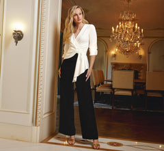 Three Quarter Sleeve Draped Combo Jumpsuit In Ivory Black