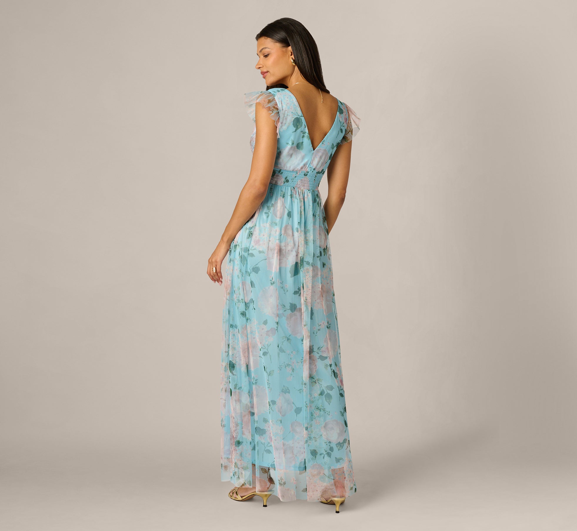 Flutter Sleeve Floral Tulle Maxi Dress In Blue Multi