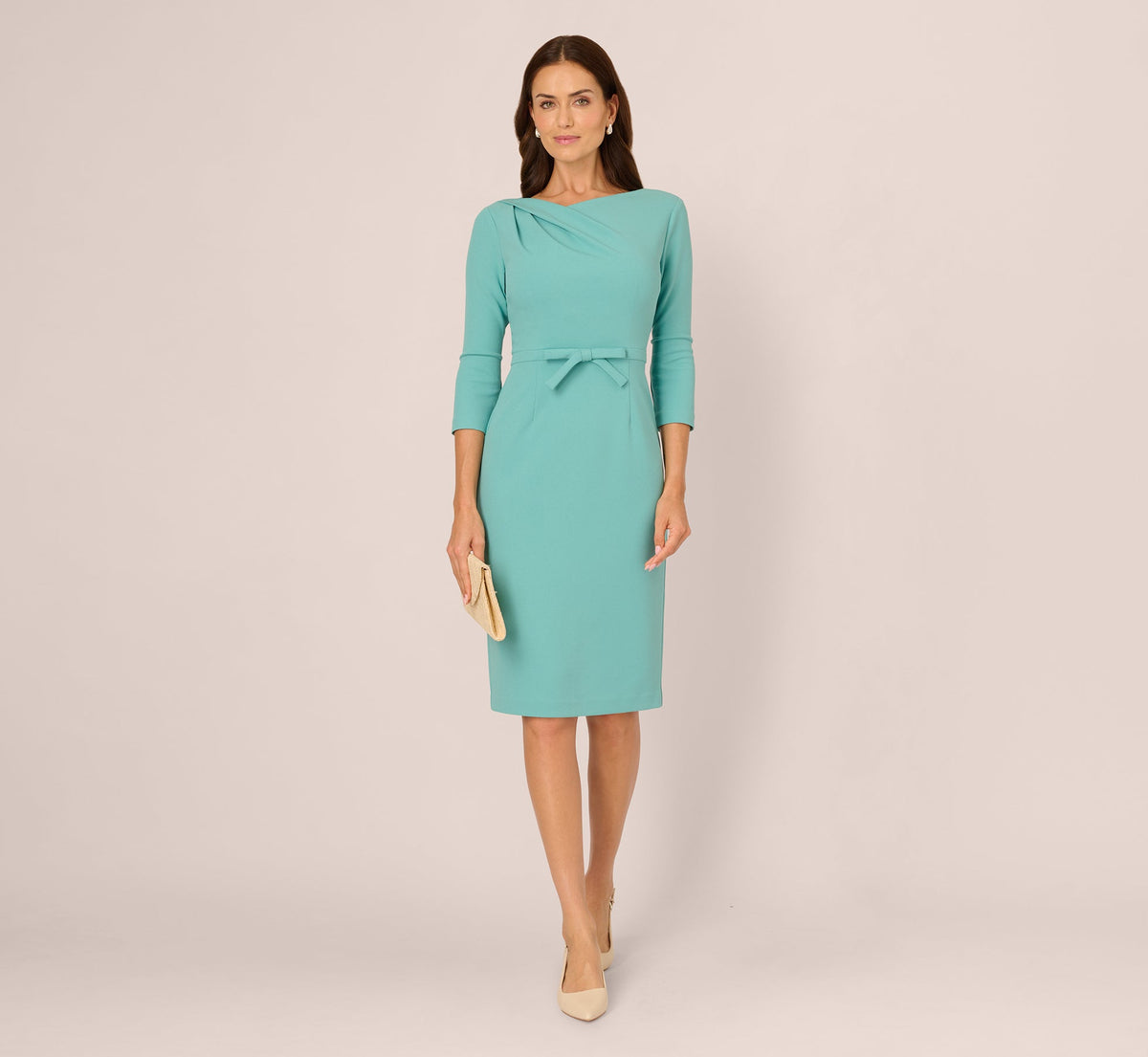 Three Quarter Sleeve Drape Collar Sheath Dress In Smoky Jade