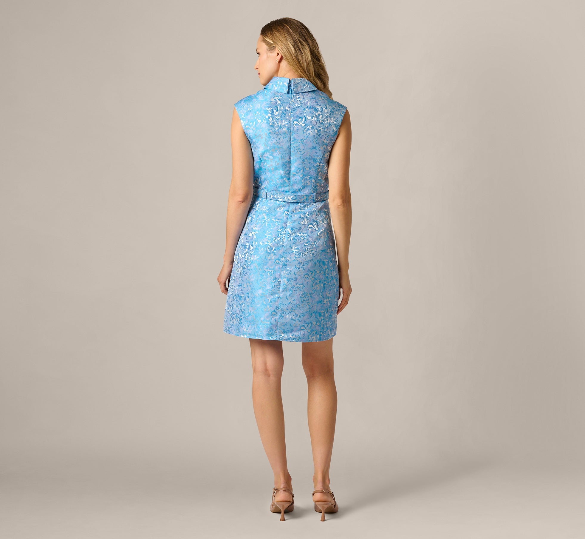 Floral Jacquard Collared Sheath Dress In Blue Multi