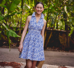 Floral Smocked Waist Short Dress In Ivory Blue Multi