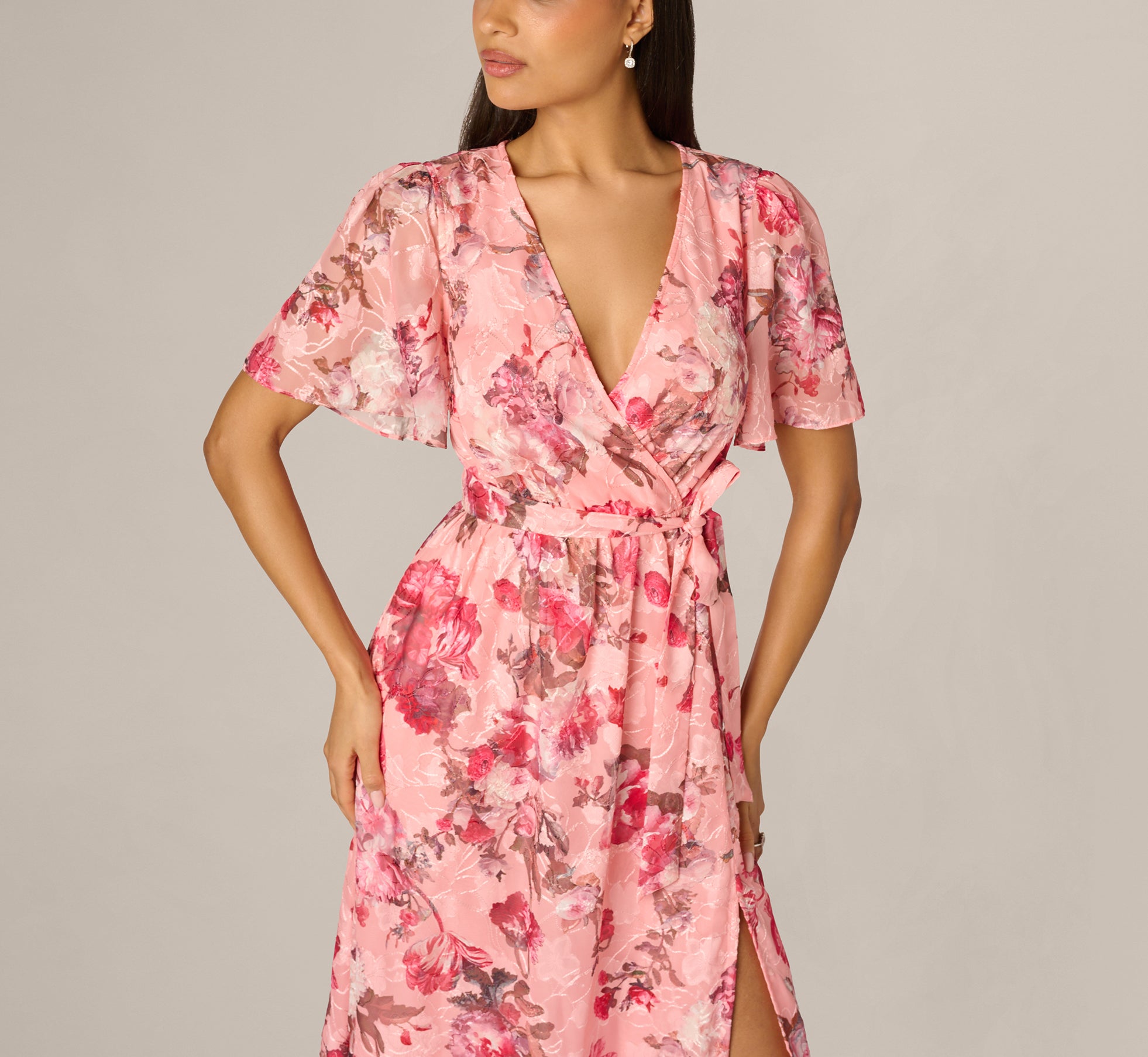 Flutter Sleeve Floral Print Embroidered Wrap Maxi Dress In Blush Multi